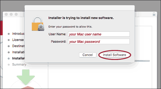 Installer prompt to enter your Mac password