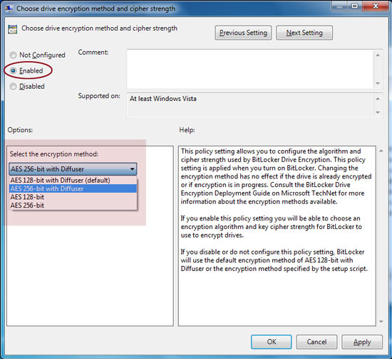 Enable BitLocker cipher strength and select AES-256
