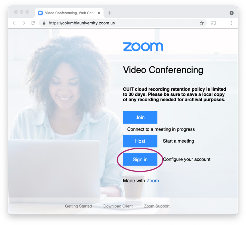 Zoom home page with Sign In button circled