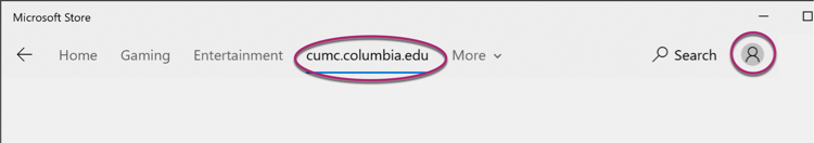 Top of Microsoft Store window with cumc.columbia.edu tab and profile icon circled