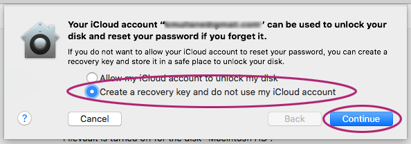 Create a recovery key and do not use iCloud