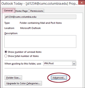 Outlook Today window with General tab and Advanced button