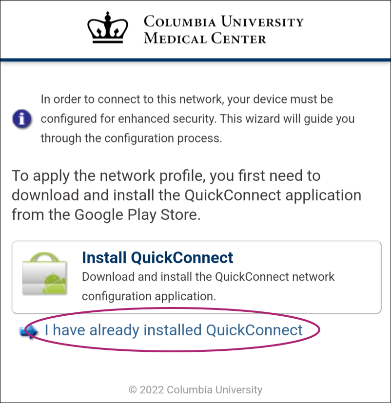 Mercury form with "I have already installed QuickConnect" highlighted
