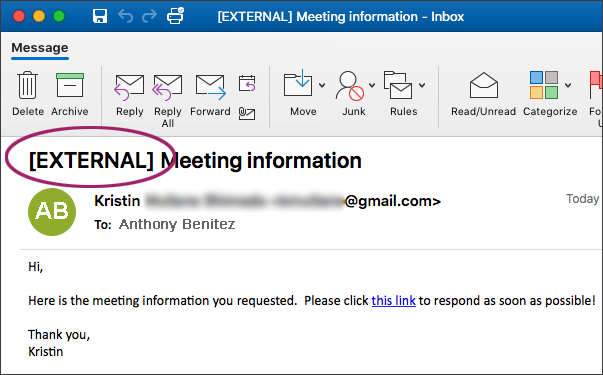 Email message showing EXTERNAL tag in subject line