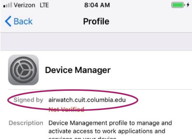 CUIT AirWatch shown in Device Manager Profile on an iPhone