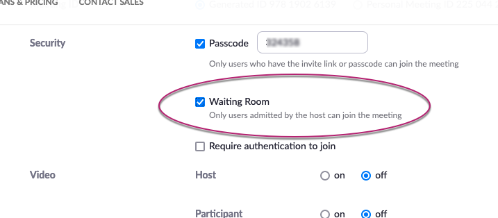 Waiting Room option checked in Zoom Security settings