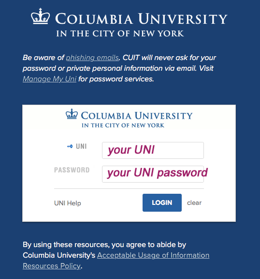 Columbia University UNI login window