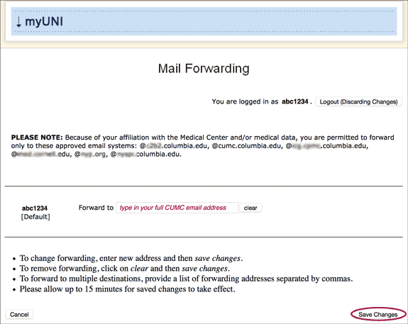 UNI Mail Forwarding Page