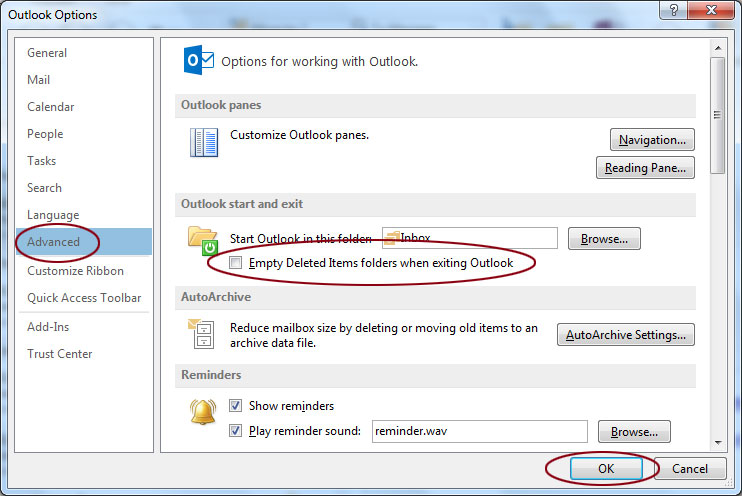 Outlook Advanced Options - Empty Deleted Items when exiting