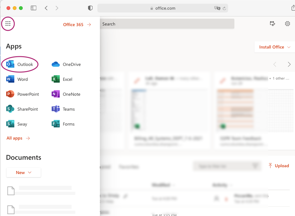 Office online with Apps in left and Outlook icon circled