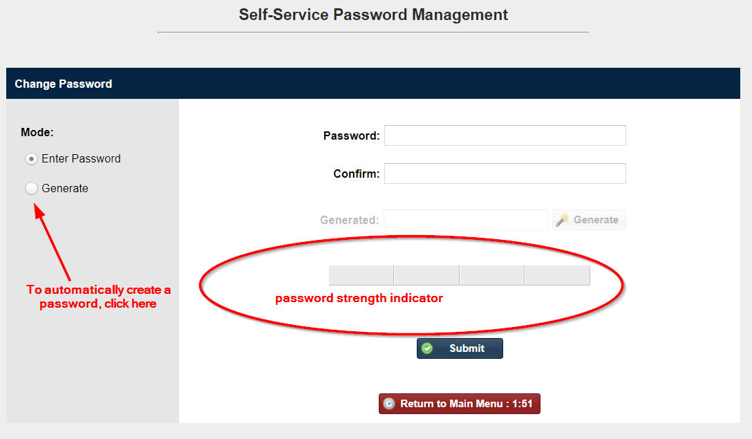 "Change Password" dialog window, with an option to generate one automatically pointed at, and the password strength indicator circled.