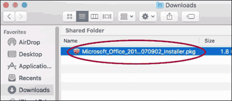 Microsoft Office Installer package file in Downloads folder