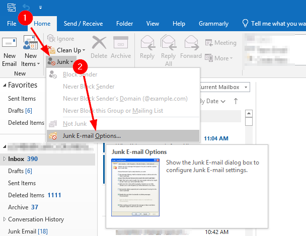 Outlook (Windows) open at the Home tab, an arrow showing to click Junk and then Junk E-mail Options