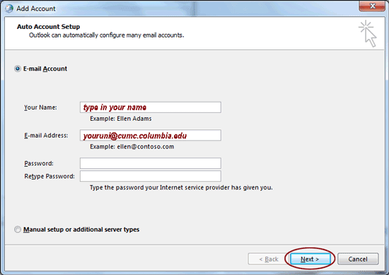 Outlook Add Account Window
