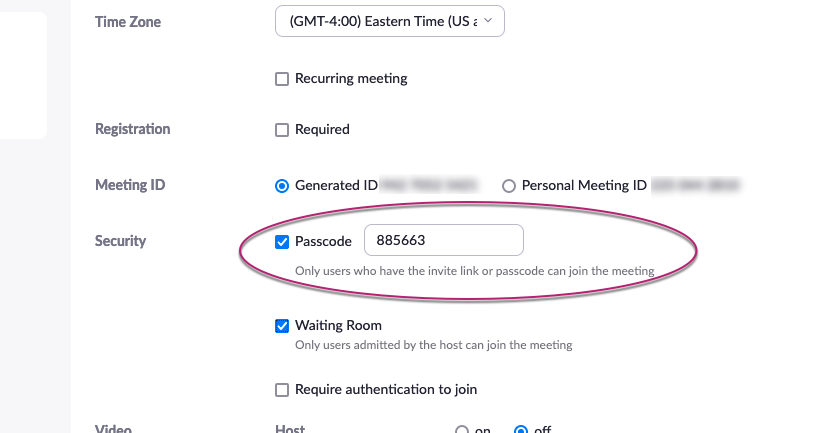 Zoom meeting window with Passcode option circled