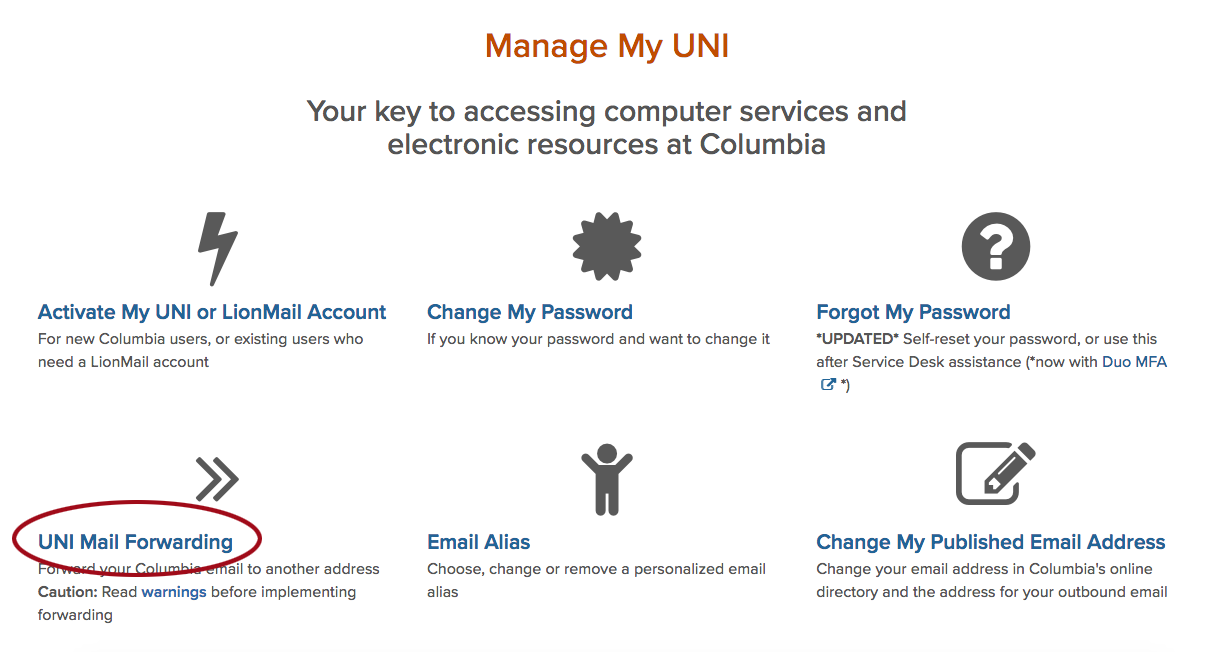 Manange My UNI Site with UNI Mail Forwarding link