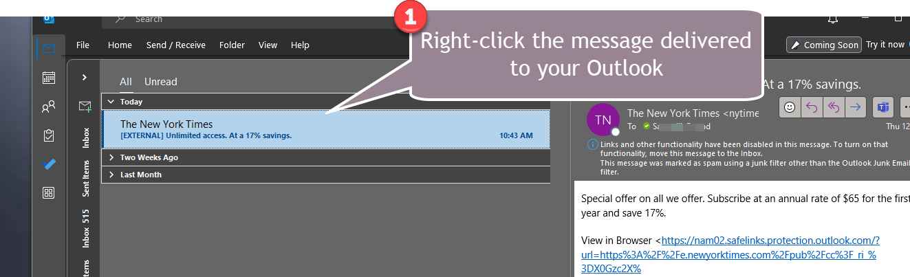 instruction to right-click an email message in outlook