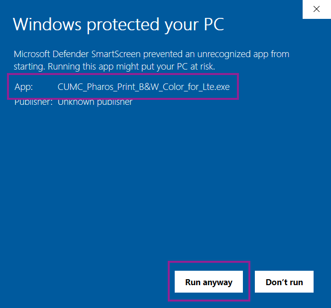 Windows protected... message with App showing and Run anyway button