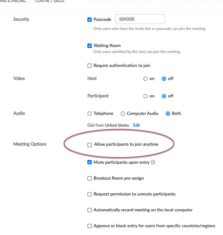 Allow participants option de-checked in Zoom's Meeting Options settings