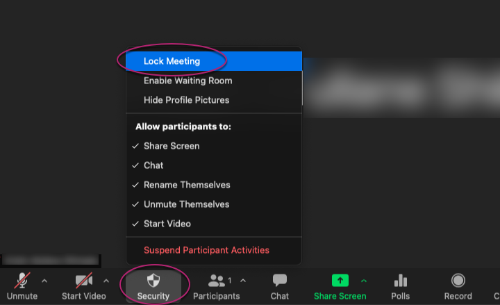 Zoom Lock Meeting option in Security icon of a meeting
