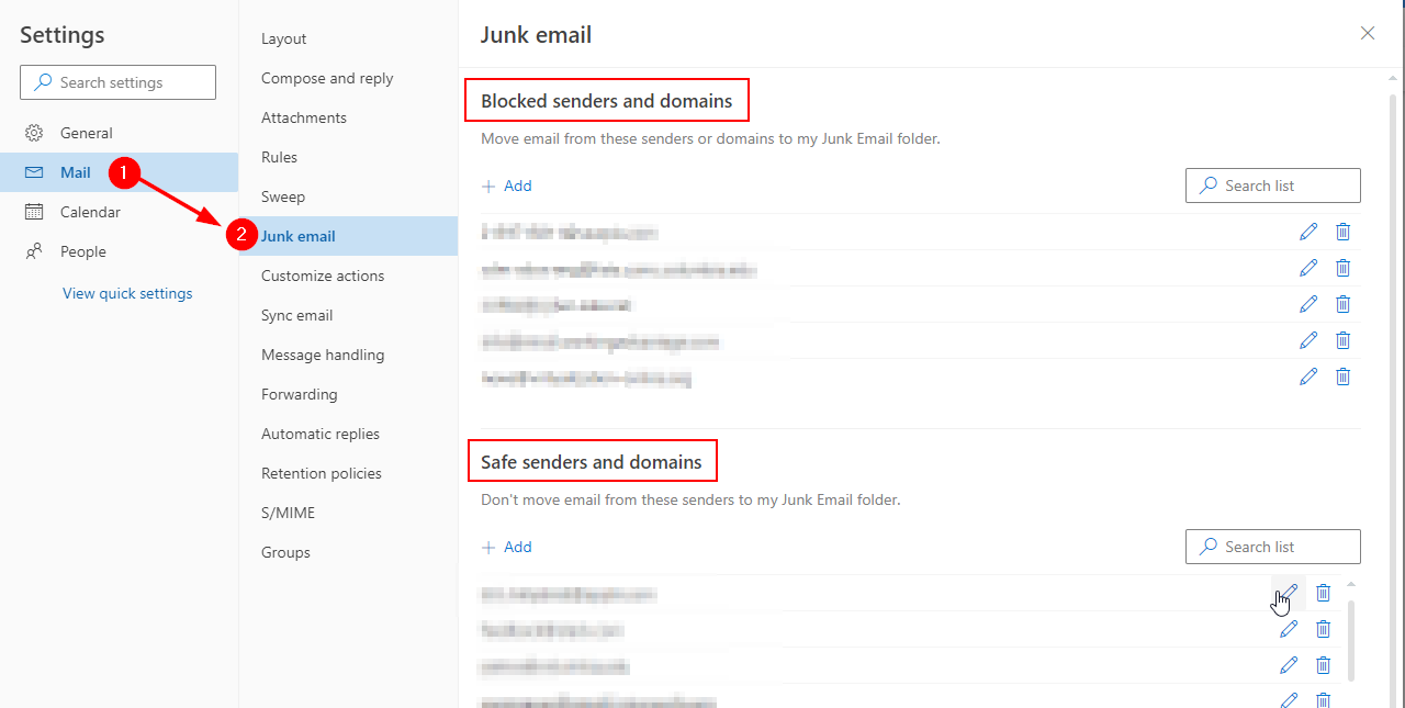 "Outlook web application open, with navigation highleted and pointing to Mail: Junk email options"