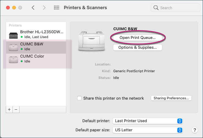 Open print queue button in Printers and Scanners window