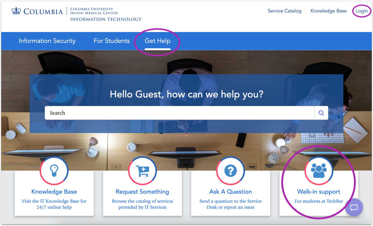Service Portal's "Get Help", Login, and Walk In Support links circled