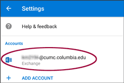 CUMC email account in Settings