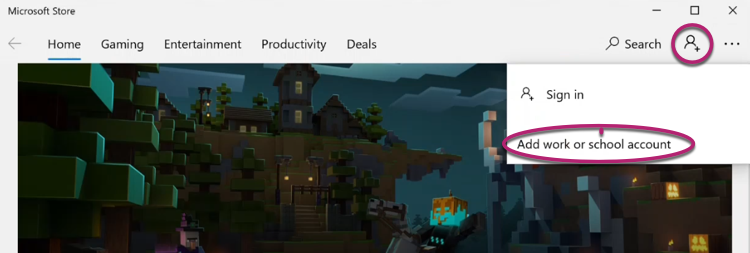Microsoft Store with Profile icon and Add a work or school account option circled