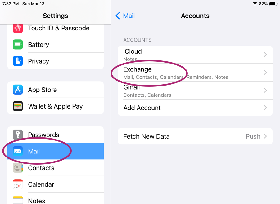 Exchange circled in the Mail - Accounts settings