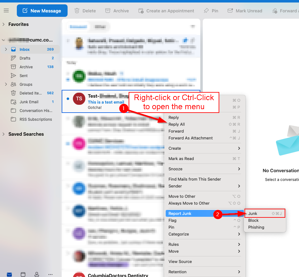 Outlook App on Mac opened in inbox, with one email highlighted. Arrows expending on the menu that opens after right-click explaining junk options.