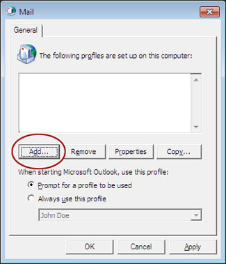 Windows Mail Add Profile button