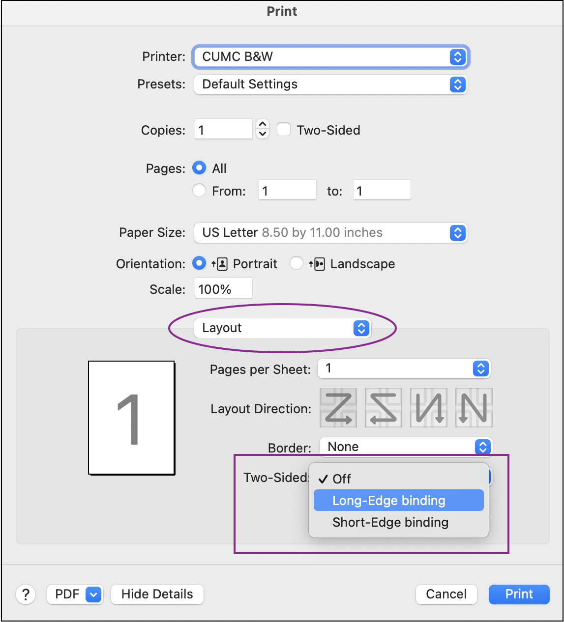 Mac Print dialogue box with Layout and Two-sided options