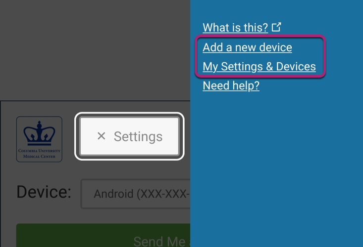 Device options under Settings menu on a small screen