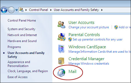 Windows Control Panel Mail link