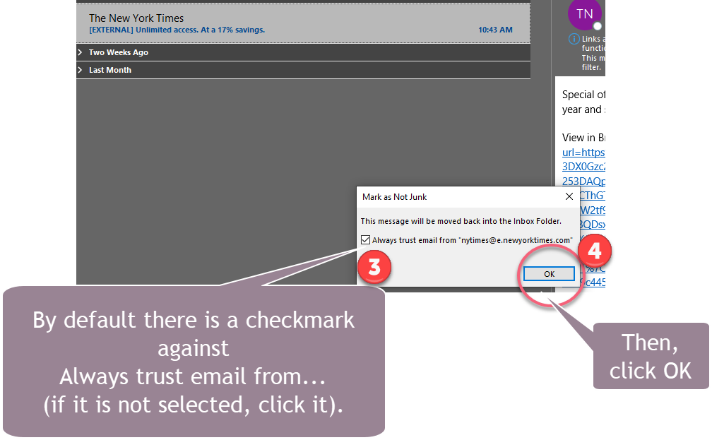 instructions to click the checkbox for "always trust..." in the "Mark as not junk" Window