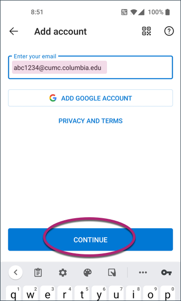 CUIMC email entered in Add Account window with Continue button circled