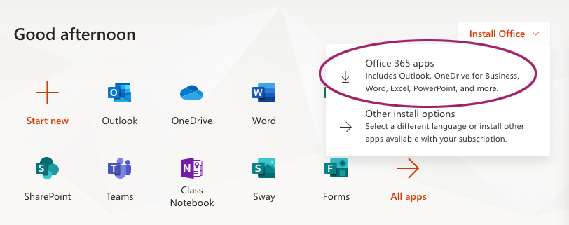 Install Office and Office 365 apps links in office portal