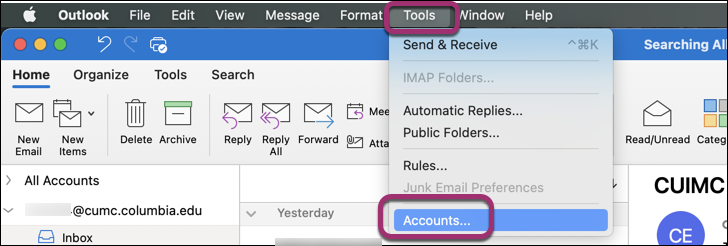 Outlook's Tools menu drop down with Accounts highlighted
