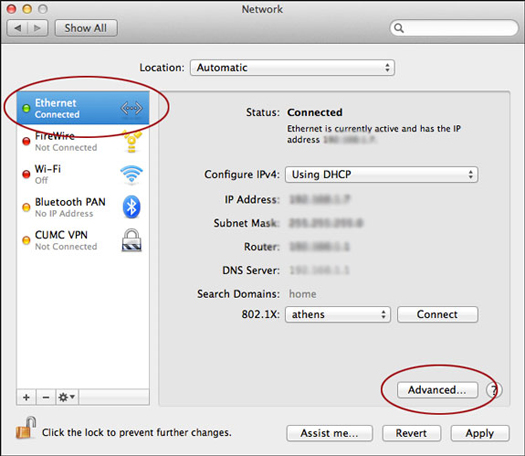 Macintosh Network Window with Ethernet Selected