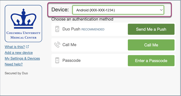 Device field showing "Android xxx-xxx-1234" and highlighted at the top of the duo window