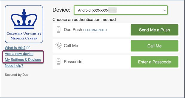 Links in Duo prompt to Add a new device or manage My Settings & Devices