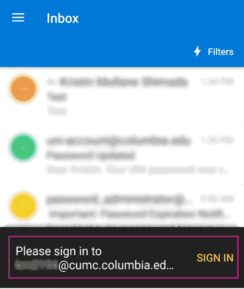 Sign in prompt at the bottom of Outlook app